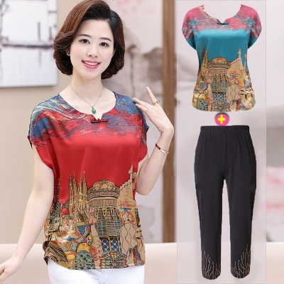 中老年女装妈妈装夏装套装中年女40-50短袖仿真丝T恤上衣+七分裤