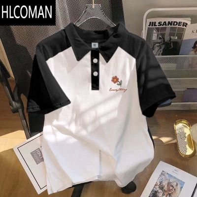 HLCOMAN美式翻领拼色短袖polo衫男夏季2025新款设计感小众宽松体恤上衣潮