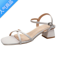 SUNTEK晚晚风粗跟高跟一字带凉鞋女2023年新款夏季法式中跟仙女鞋配裙子