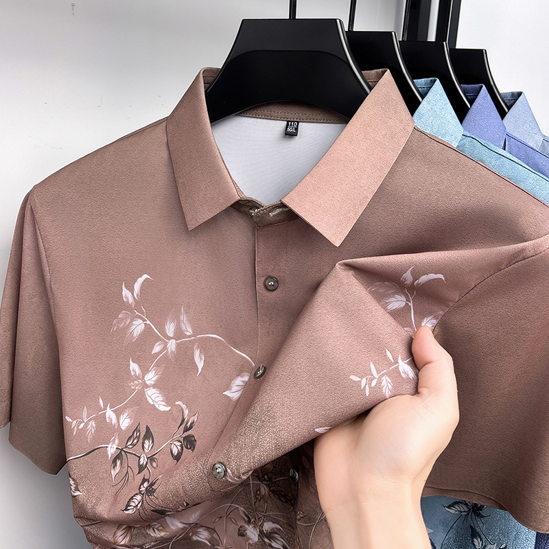 夏季新款男士免烫翻领印花休闲通勤时尚百搭轻薄舒适短袖衬衫