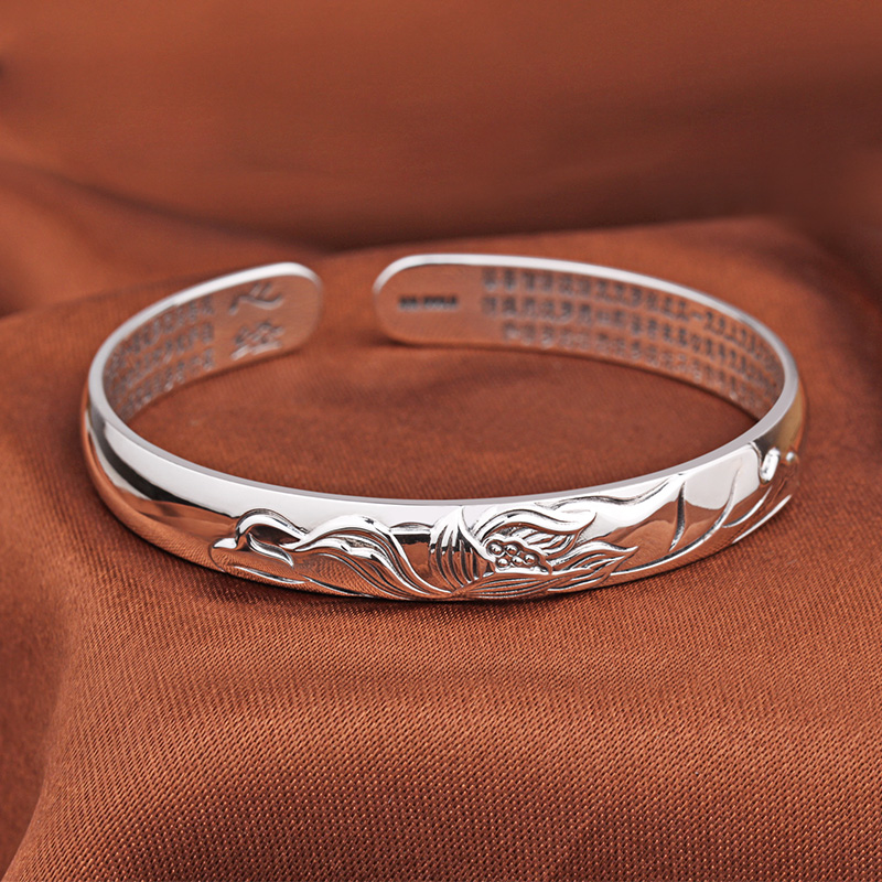 民族风银手镯9999纯银女开口莲花心经银镯子复古个性小圈银手环送女朋友老婆情人节七夕生日礼物