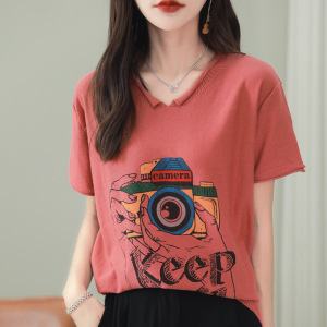 女士T恤卡通印花全棉针织短袖宽松休闲减龄春夏新款V字领半袖
