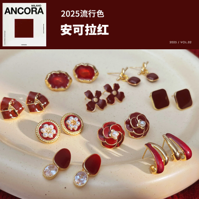 925银针复古安可拉红花朵耳钉女耳环耳饰闺蜜礼物个性清新送女朋友老婆情人节七夕生日礼物