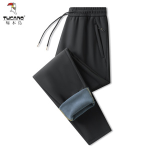 啄木鸟秋冬季直筒潮流加绒加厚奥粒绒平口束脚休闲宽松直筒长卫裤