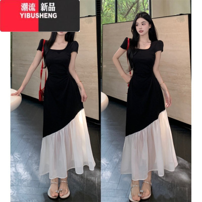YIBUSHENG大码法式短袖连衣裙女季收腰显瘦拼接长裙微胖MM赫本风撞色裙子