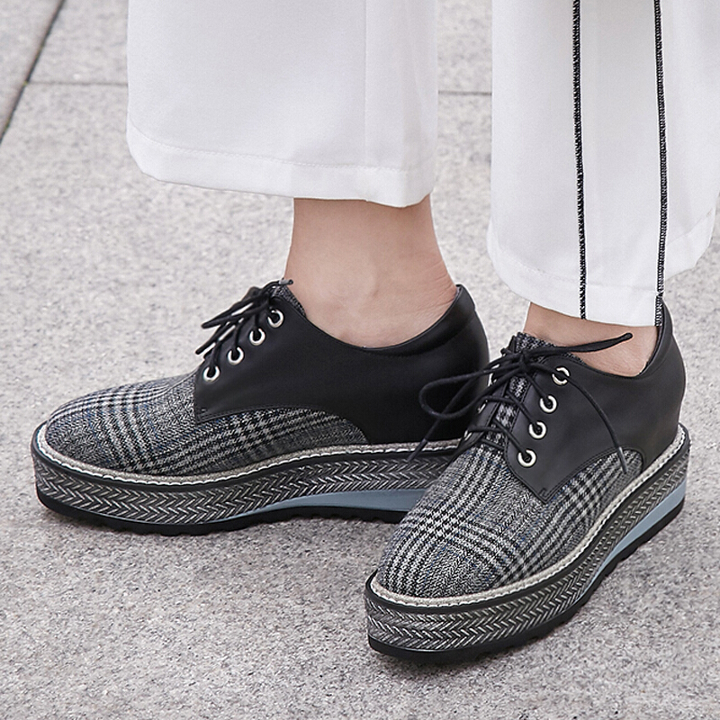 2018春季新款单鞋女坡跟松糕厚底内增高女鞋子高跟时尚格子布焦糖色浅口鞋防水台休闲鞋大码鞋