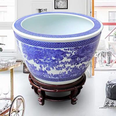 睡莲花盆青花瓷碗莲荷花花盆水缸种铁树古达花盆庭院清明上河图加大号直径73cm（不含底座）底部有孔（土培种花种树专用）