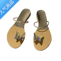 SUNTEK法式平底一字凉拖鞋仙女鞋子2023年新款夏季气质外穿水钻蝴蝶凉鞋
