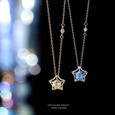 s925纯银五角星镂空镶钻项链女小众设计感简约森系气质锁骨链吊坠送女朋友老婆情人节七夕生日礼物