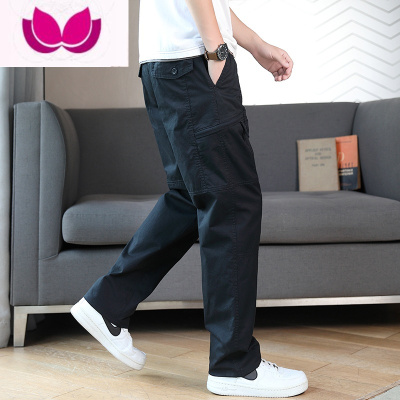 七斓2023年春季新款松紧腰直筒工装裤宽松百搭长裤多口袋休闲男裤