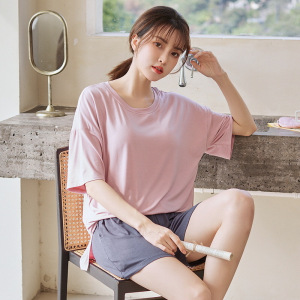 自带胸垫睡衣女士夏款莫代尔短袖套装凉感薄款防凸点家居服两件套