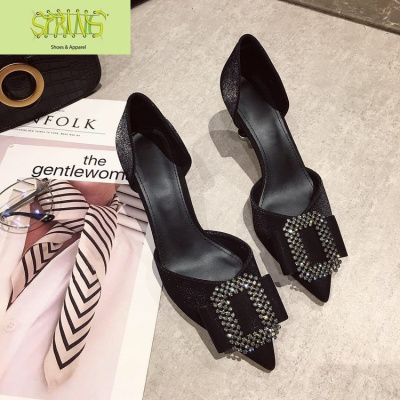 女鞋2020新款春季韩版OL优雅时尚水钻方扣细跟尖头单鞋女高跟鞋子语娄