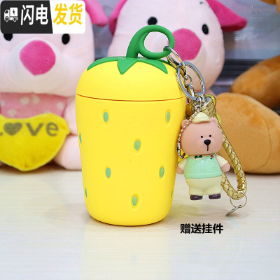 三维工匠不锈钢保温杯女款韩版学生情侣创意可爱真空莓儿童便携潮流水杯 黄色草莓+送挂件+杯刷