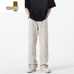 YANXU美式复古伐木裤男夏季高街潮牌宽松直筒长裤休闲百搭侧拉链牛仔裤