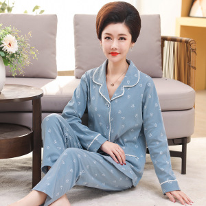 中老年妈妈睡衣女秋冬季棉质长袖开衫翻领宽松大码新款家居服套装