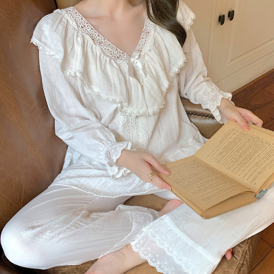 HLCOMAN舒适宫廷风睡衣女春秋棉白色甜美可爱蕾丝公主仙女家居服网红