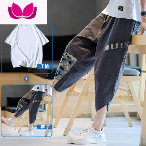 七斓夏季亚麻七分裤男短裤薄款宽松萝卜裤中国风潮牌棉麻休闲裤7分裤