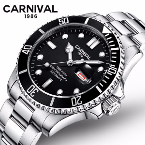 正品嘉年华Carnival手表新款男士全自动机械表 男表休闲双日历夜光水鬼表三锁扣上链表冠商务防水两不误腕表756
