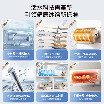 万和(Vanward)[长白山R6Pro活水洗] 60升电热水器10倍增容大水量家用热水器1100W+2200W双管变频