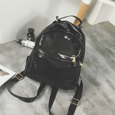 新款韩版新款女包亮片百搭双肩包女学院风校园学生书包旅行大背包-定制黑色黑色