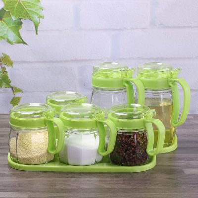 六件套玻璃调料盒厨房调味瓶罐调料罐油瓶家用盐罐装作料盒子套装 敬平 2油壶+4调味+2底座(绿色)调味罐