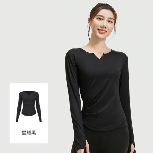 V领长袖裸感瑜伽服褶皱收腰显瘦紧身运动健身上衣