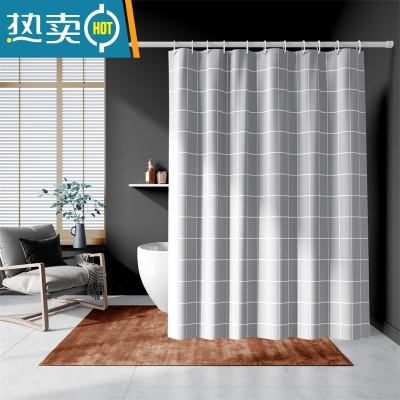 敬平灰格浴室浴帘加厚涤纶布防水布卫生间洗澡加厚霉隔断帘套装北欧