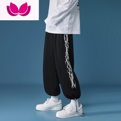 七斓运动卫裤男秋季新款潮牌印花直筒休闲长裤港风宽松百搭抽绳束脚裤