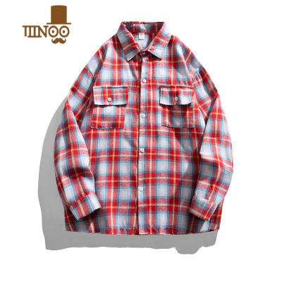 YANXU字母刺绣格子衬衫长袖男款港风复古潮牌宽松街头嘻哈情侣衬衣外套