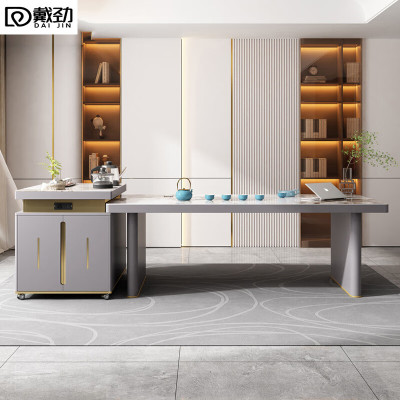 戴劲现代轻奢岩板餐桌岛台茶桌烧水壶一体桌客厅泡茶桌椅2.2米单桌