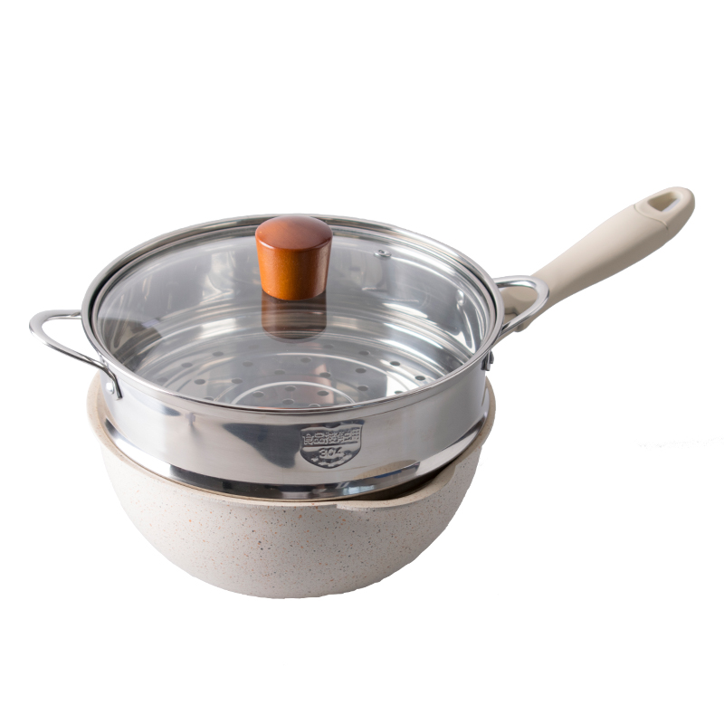 小炒锅小型单人不粘锅炒锅家用小号炒菜锅 26cm白色小炒锅加盖 蒸笼