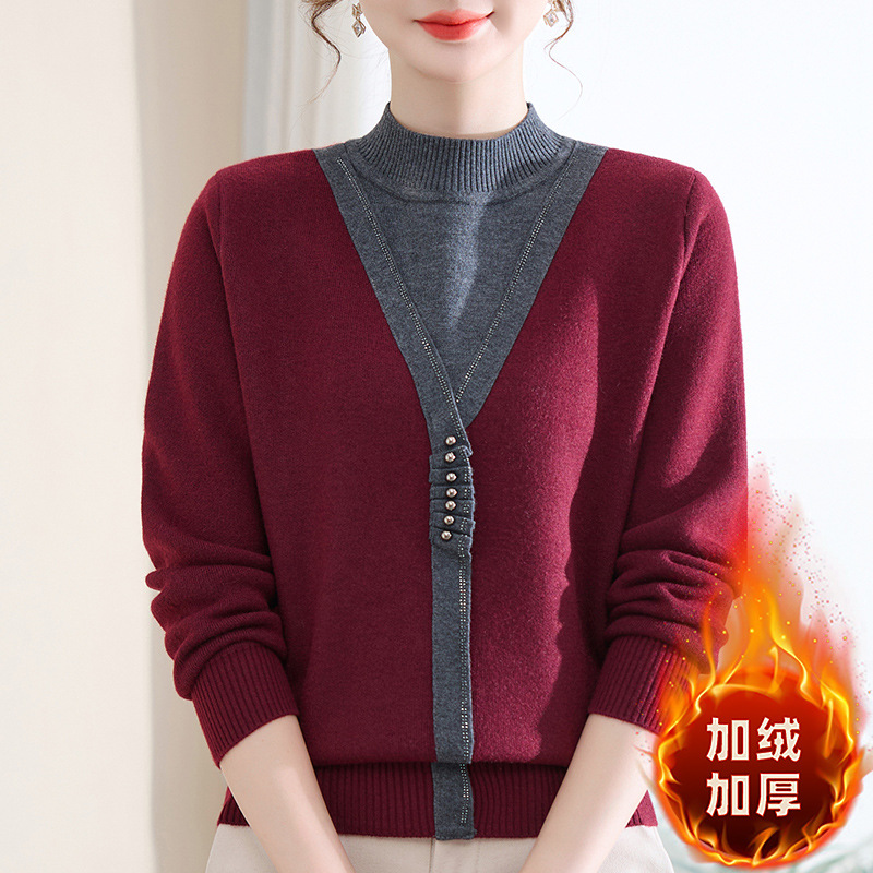 妈妈冬装加绒加厚红色毛衣新年装过年衣服中老年人女本命年打底衫
