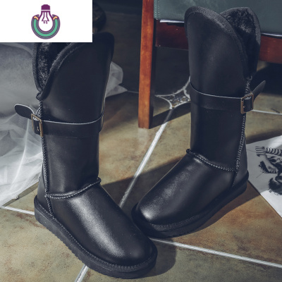 FISHBASKET2020年冬季新款中筒一体雪地靴女皮防水厚底保暖增高长靴靴子