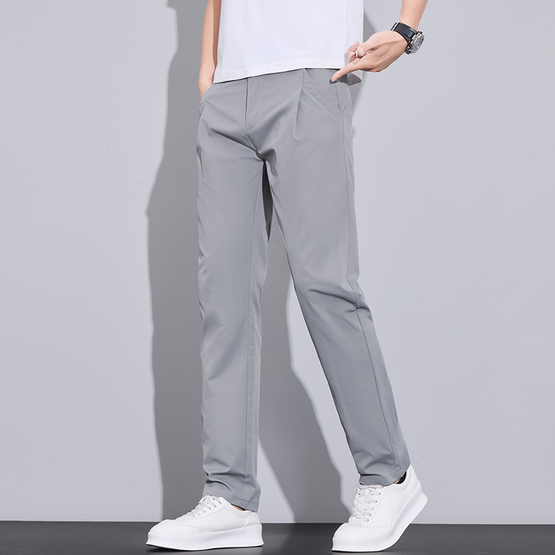 灰色纽扣腰头商务裤男 冰丝垂感直筒裤 春夏透气通勤长裤 薄款夏