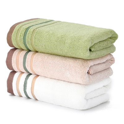 竹一百竹浆纤维加厚彩条款大毛巾柔软吸水洁面巾3条装棕/绿/白三条装34*76cm