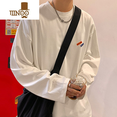 YANXU长袖T恤男士薄款宽松百搭白色打底衫学生休闲帅气上衣