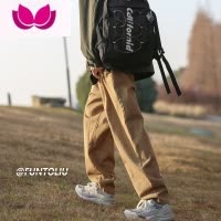 七斓@卡其色裤子男夏季日系cityboy直筒长裤宽松休闲工装裤