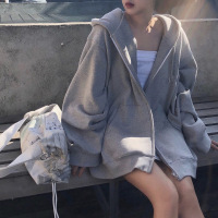 秋冬宽松韩版oversize灰色连帽薄绒卫衣女拉链外套女上衣
