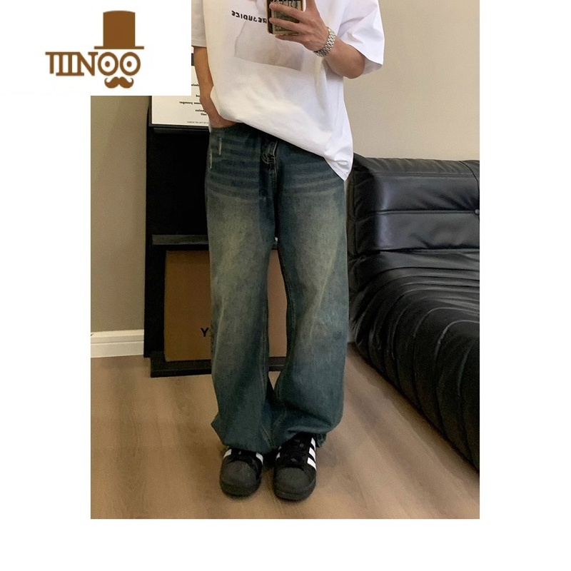 YANXU美式潮牌复古水洗做旧牛仔裤男女情侣款宽松直筒撞色高街百搭裤子