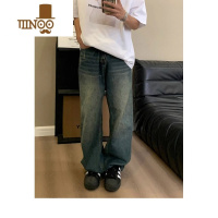 YANXU美式潮牌复古水洗做旧牛仔裤男女情侣款宽松直筒撞色高街百搭裤子