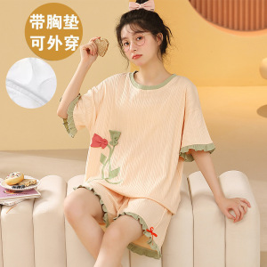带胸垫棉质睡衣女夏季短袖短裤薄款家居服套装夏天休闲可外穿套装