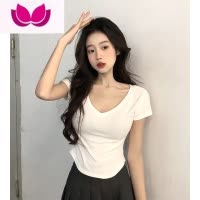 七斓大码女装纯欲风方领T恤夏季新款显瘦修身不规则短袖胖mm打底上衣