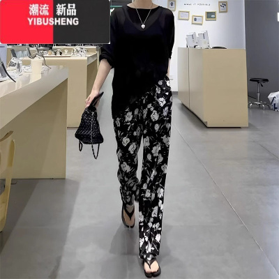 YIBUSHENG欧货小众复古碎花休闲裤女季薄款大码宽松胖mm印花直筒阔腿裤子