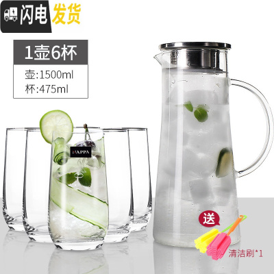 三维工匠可高温凉水壶大容量 刻花玻璃冷水壶 耐热茶壶套装家用凉杯 1壶6杯+平底水杯[4-6人使用]