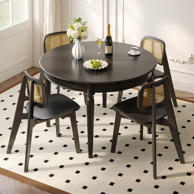 全友家居餐桌法式复古多功能圆桌客厅餐厅可伸缩实木桌腿吃饭桌子