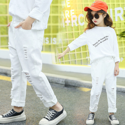 迪鲁奥(diluao)小孩子穿的女童腰带牛仔裤韩版2021秋款中大童乞丐裤子