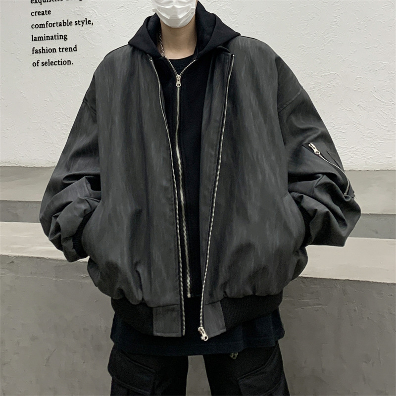 男装潮牌美式复古飞行员夹克假两件pu皮衣男女同款潮流棒球服外套