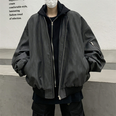 男装潮牌美式复古飞行员夹克假两件pu皮衣男女同款潮流棒球服外套