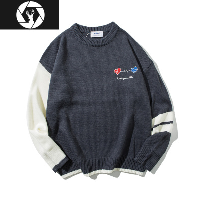 HongZun全村秋冬新款简约心动刺绣毛衣男宽松潮牌圆领外套情侣保暖针织衫毛衣