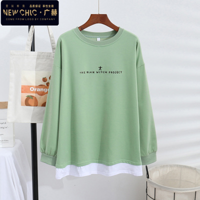 广赫胖mm显瘦上衣女春秋薄款无帽加肥加大码宽松遮肚假两件卫衣外套女卫衣